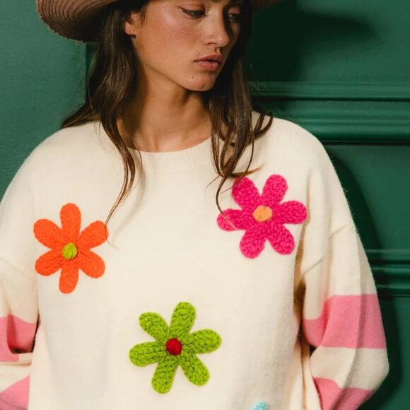 BiBi Colorful Floral Patched Sweater with Striped Sleeve - Picture 1 of 14